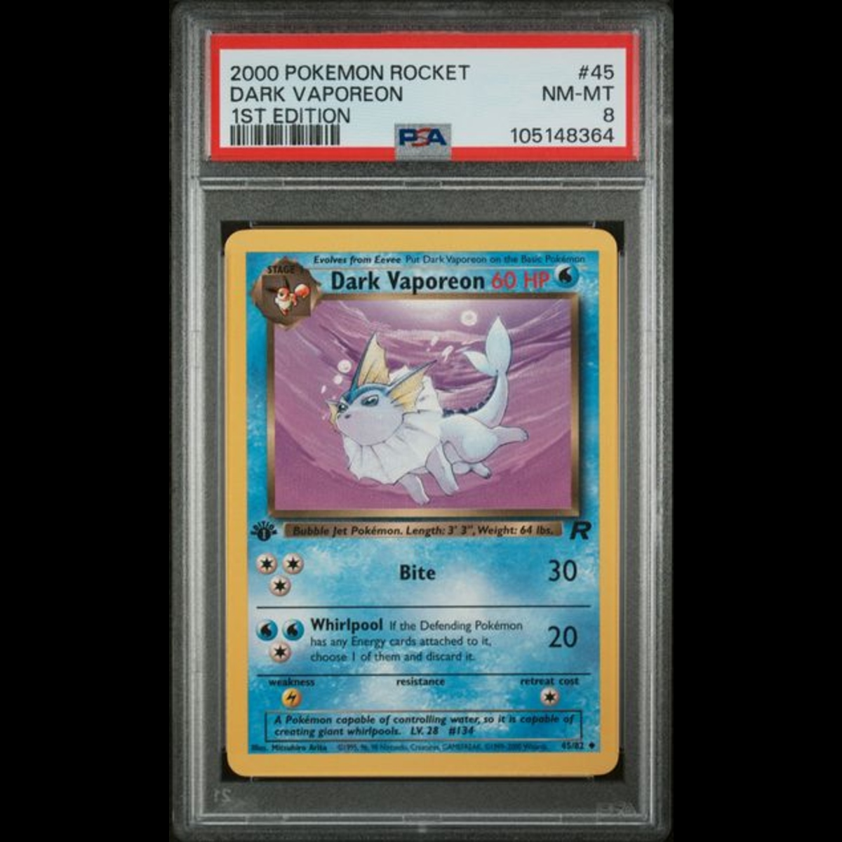 2000 POKEMON ROCKET #45 DARK VAPOREON 1ST EDITION psa 8
